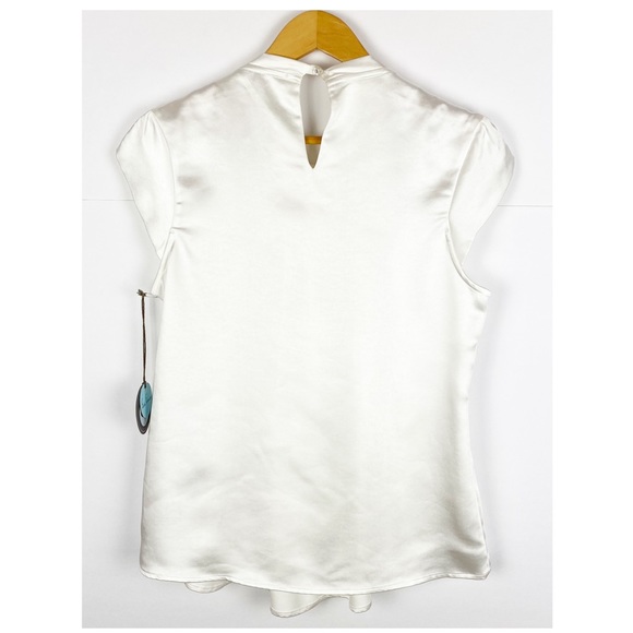 Eva Franco White Annik Satin Blouse Pleated Neckline High Neck Size Medium - Picture 2 of 13